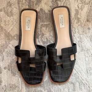 Steven Black Croc-Embossed Slide Sandals